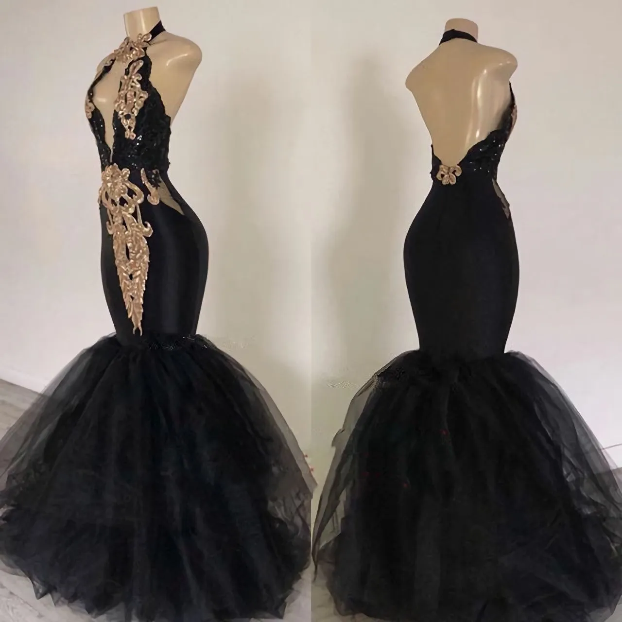 2025 Sexy Prom Dresses Black Mermaid Tulle With Gold Appliques V Neck Backless