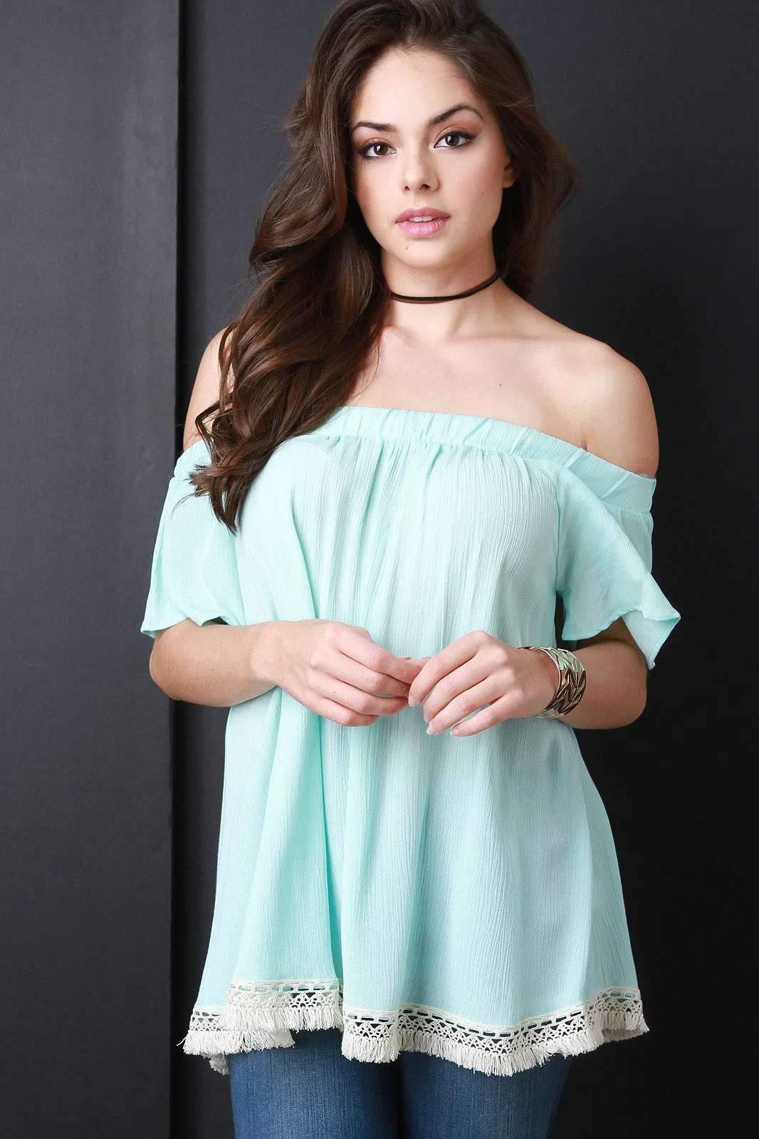 Bardot Fringe Trim Top