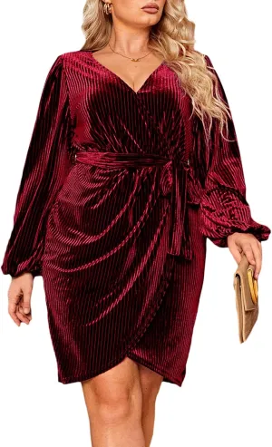 BerryGo Women's Plus Size Long Sleeve Wrap Semi Formal Velvet Mini Dress Sexy Cocktail Party Winter Club Dress