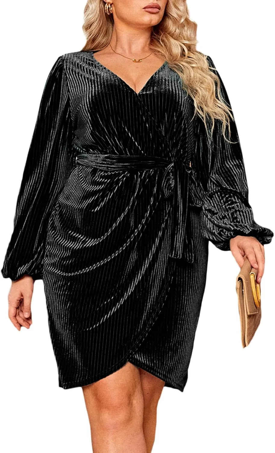 BerryGo Women's Plus Size Long Sleeve Wrap Semi Formal Velvet Mini Dress Sexy Cocktail Party Winter Club Dress