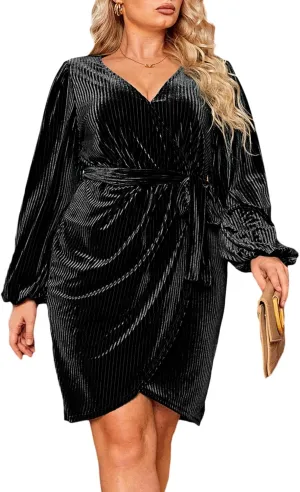 BerryGo Women's Plus Size Long Sleeve Wrap Semi Formal Velvet Mini Dress Sexy Cocktail Party Winter Club Dress