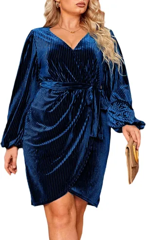 BerryGo Women's Plus Size Long Sleeve Wrap Semi Formal Velvet Mini Dress Sexy Cocktail Party Winter Club Dress