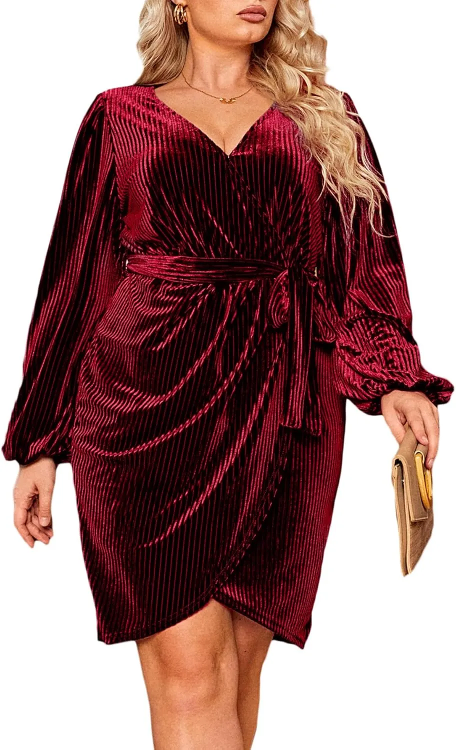 BerryGo Women's Plus Size Long Sleeve Wrap Semi Formal Velvet Mini Dress Sexy Cocktail Party Winter Club Dress