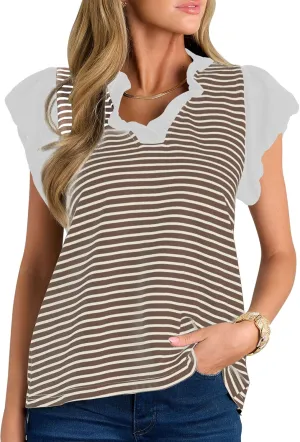 Cakulo Womens Striped Summer Ruffle Cap Short Sleeve Tops 2025 Casual Blouses V Neck T Shirts Loose Top