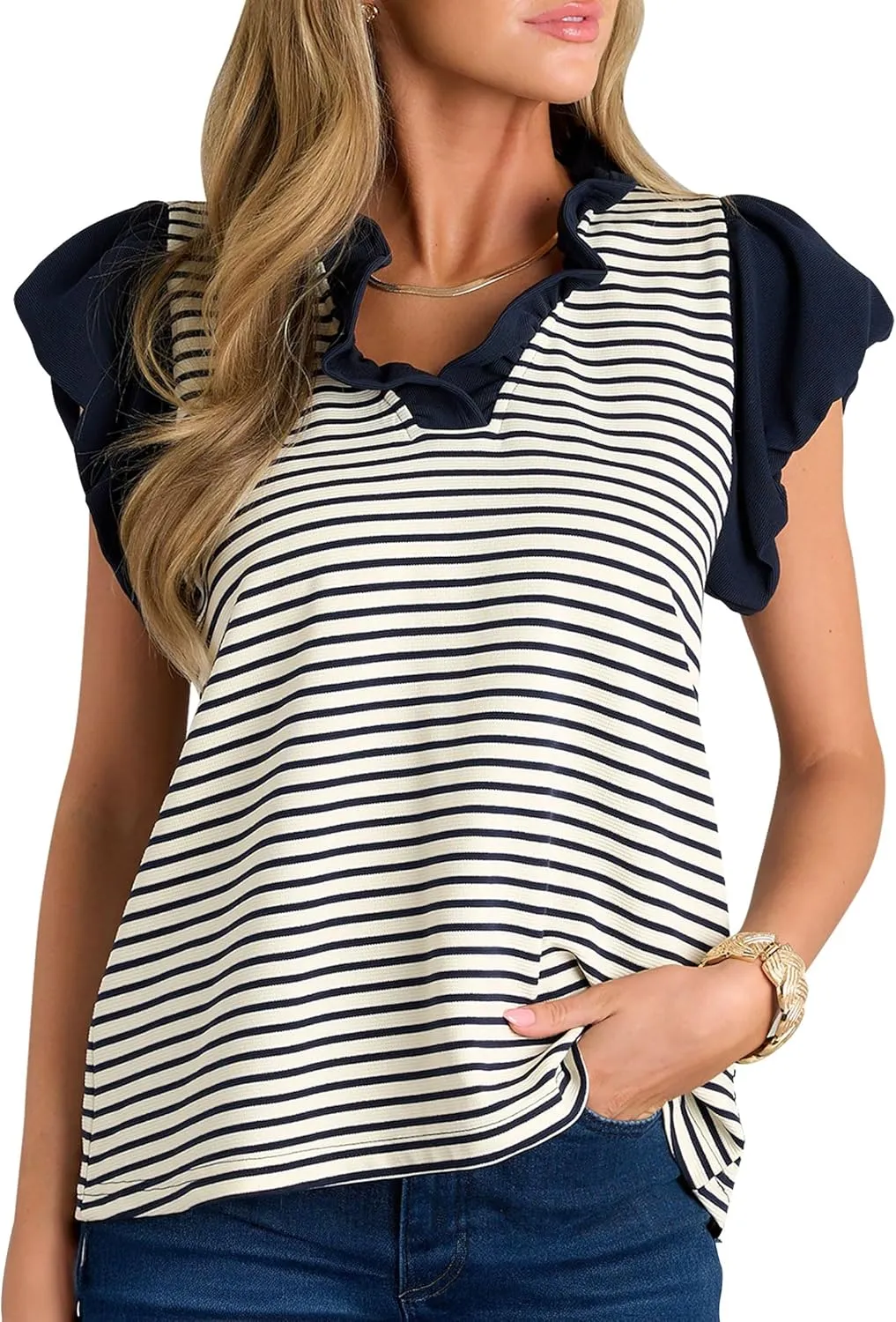Cakulo Womens Striped Summer Ruffle Cap Short Sleeve Tops 2025 Casual Blouses V Neck T Shirts Loose Top