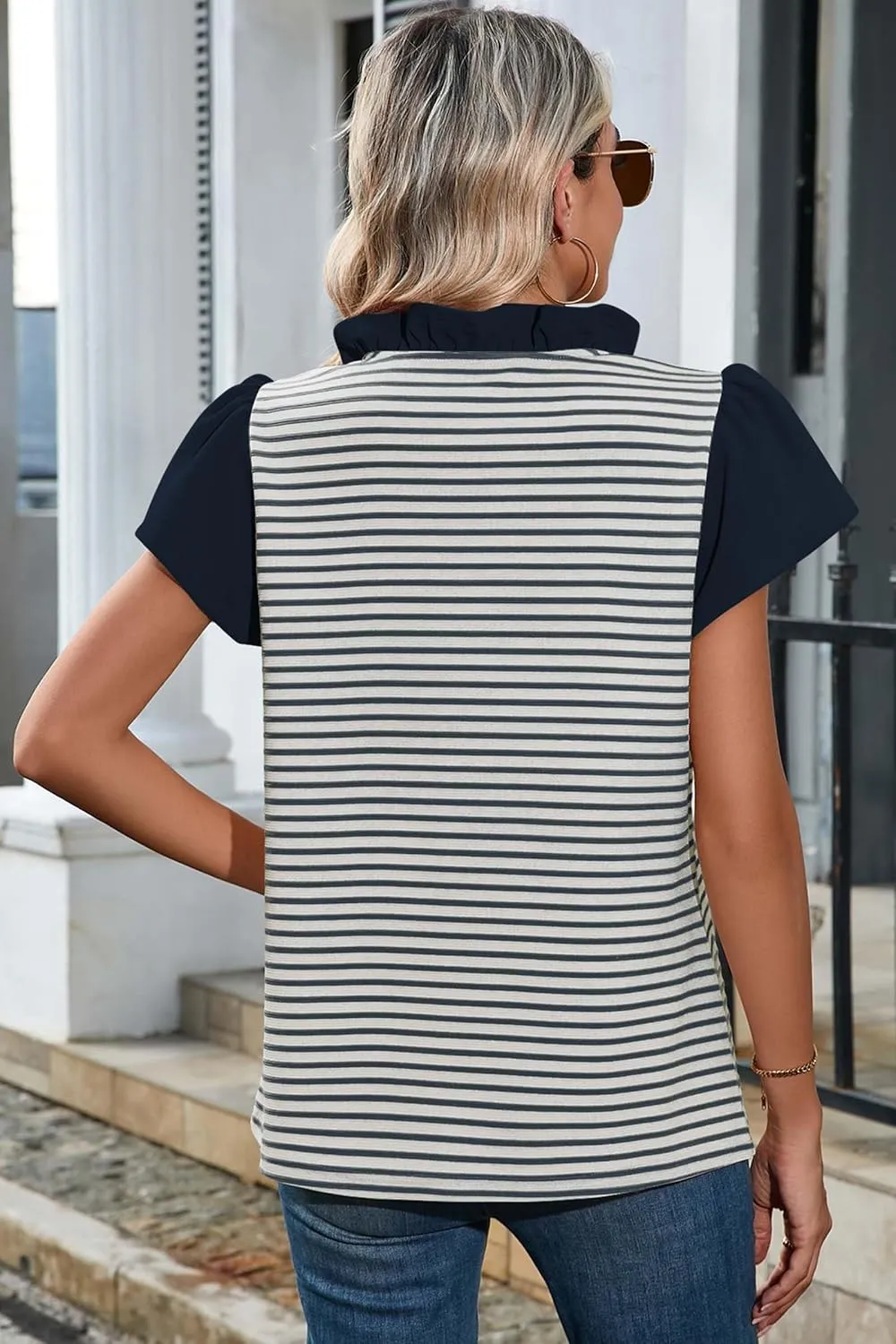 Cakulo Womens Striped Summer Ruffle Cap Short Sleeve Tops 2025 Casual Blouses V Neck T Shirts Loose Top