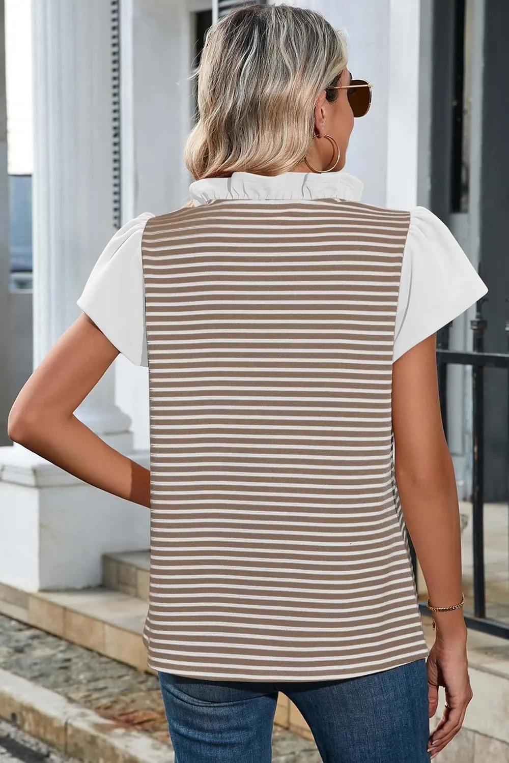 Cakulo Womens Striped Summer Ruffle Cap Short Sleeve Tops 2025 Casual Blouses V Neck T Shirts Loose Top