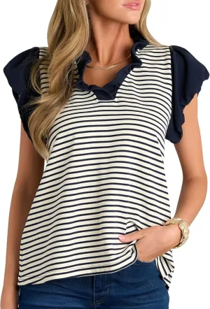 Cakulo Womens Striped Summer Ruffle Cap Short Sleeve Tops 2025 Casual Blouses V Neck T Shirts Loose Top