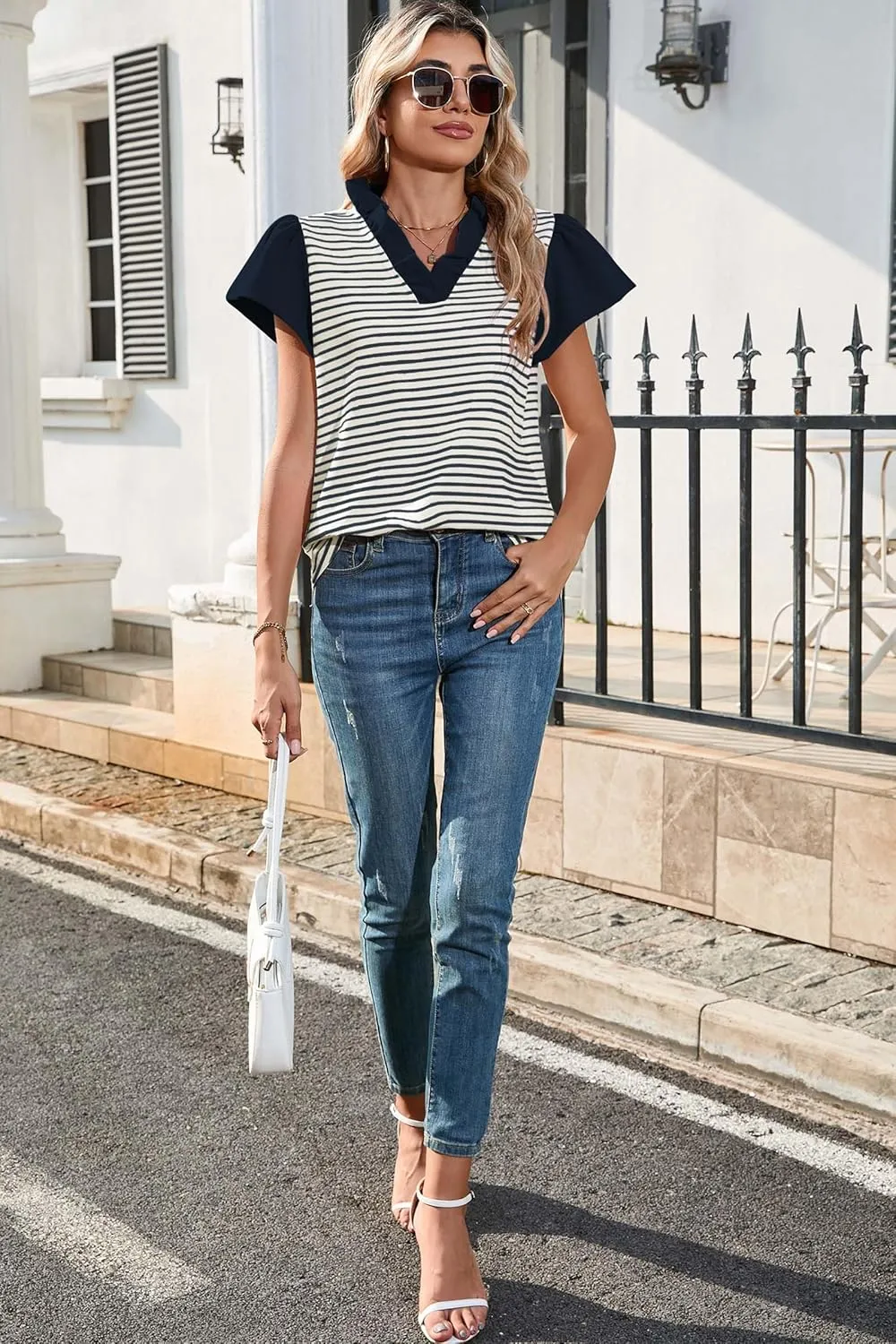 Cakulo Womens Striped Summer Ruffle Cap Short Sleeve Tops 2025 Casual Blouses V Neck T Shirts Loose Top