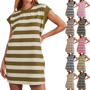 Casual Summer Dresses for Women 2025,Summer Striped Tshirt Short Dress Loose Cap Sleeves Round Neck Tshirt Beach Dresses