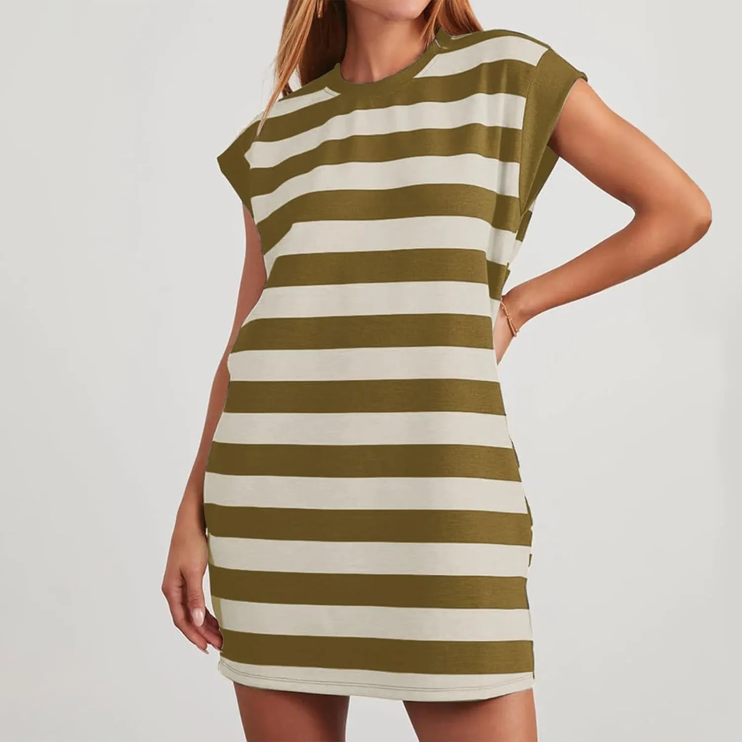 Casual Summer Dresses for Women 2025,Summer Striped Tshirt Short Dress Loose Cap Sleeves Round Neck Tshirt Beach Dresses