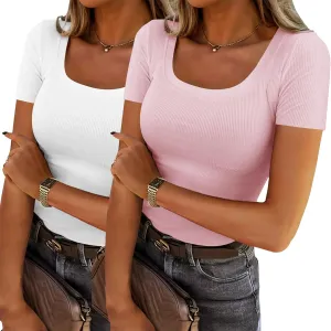 Chulianyouhuo Women's 2 Pack Scoop Neck Ribbed Knit Fitted Casual Tops Tee Summer Slim Basic Shirts