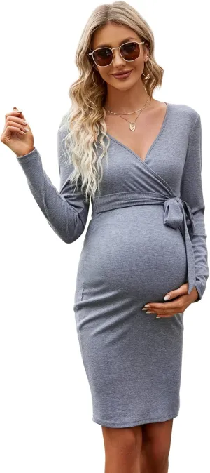 Coolmee Maternity Sweater Long Sleeve Bodycon Wrap Dress V Neck Nursing Fall Casual Mini Dress Baby Shower Photoshoot Belt