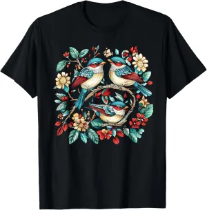 Cottagecore Floral Bird Folk Art Scandi Nature Bird Watching T-Shirt for Women, Nature Lovers, Bird Enthusiasts - Black, Small
