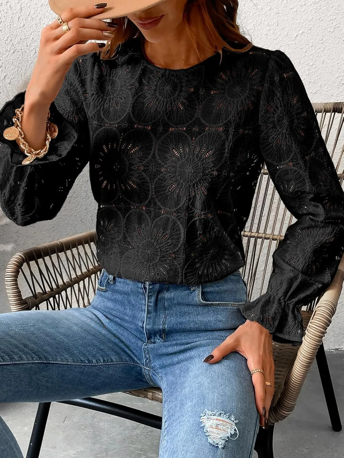 CUPSHE Women Eyelet Long Sleeve Tops Shirts Dressy Hollow Out Crochet Lace Embroidered Blouses 2025 Fashion