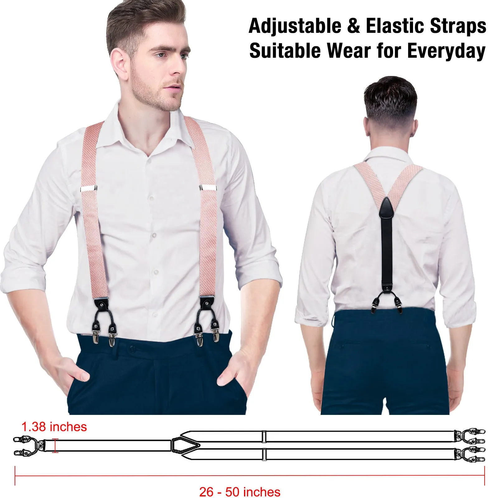 DiBanGu Men's Suspenders Pink Solid Brace Clip-on Suspender with Bow Tie Set