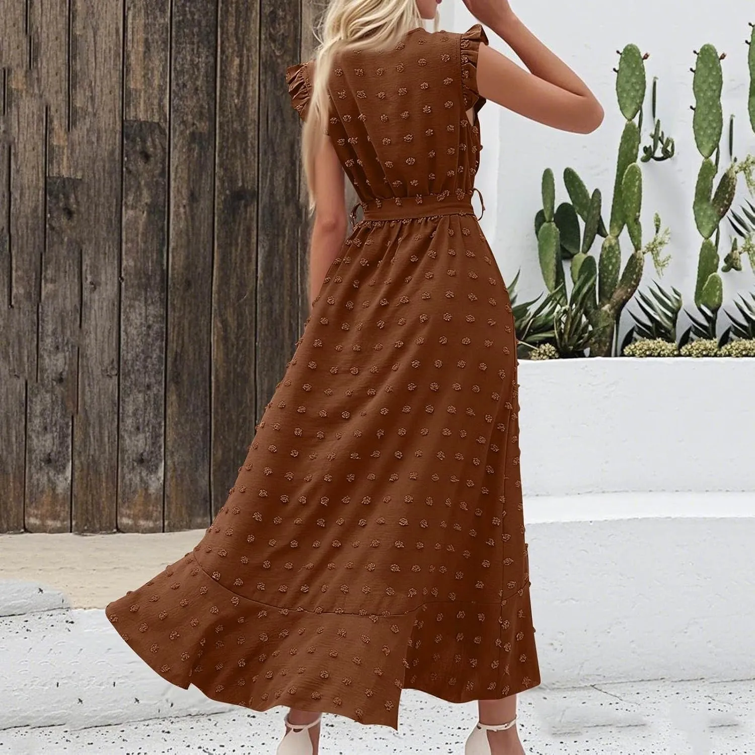 Dresses for Women 2025 Wedding Guest Summer Ruffle Sleeve V Neck Boho Drawstring Waist Swing Flowy Dress,S-2XL