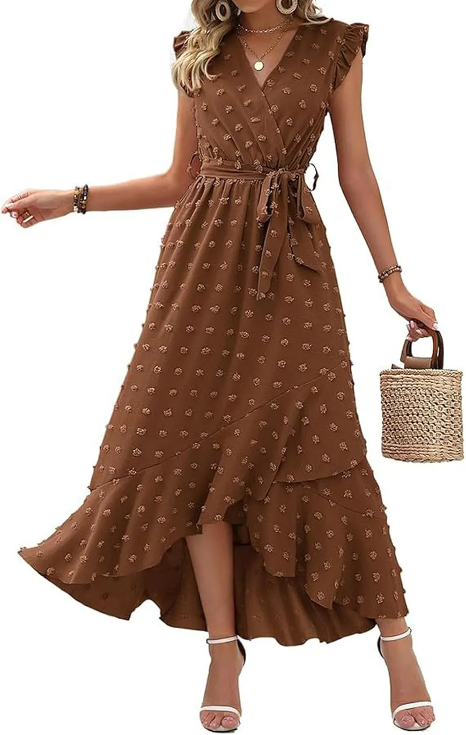 Dresses for Women 2025 Wedding Guest Summer Ruffle Sleeve V Neck Boho Drawstring Waist Swing Flowy Dress,S-2XL
