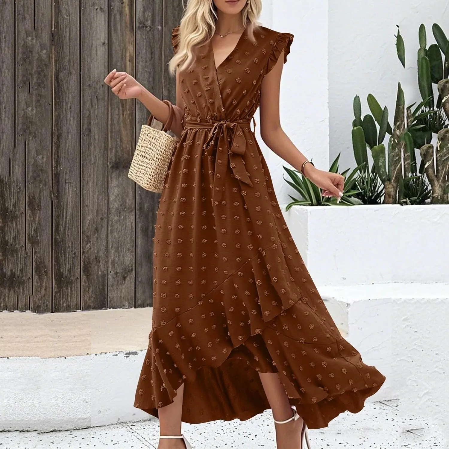 Dresses for Women 2025 Wedding Guest Summer Ruffle Sleeve V Neck Boho Drawstring Waist Swing Flowy Dress,S-2XL