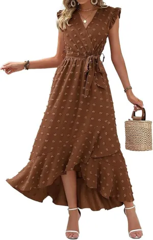 Dresses for Women 2025 Wedding Guest Summer Ruffle Sleeve V Neck Boho Drawstring Waist Swing Flowy Dress,S-2XL