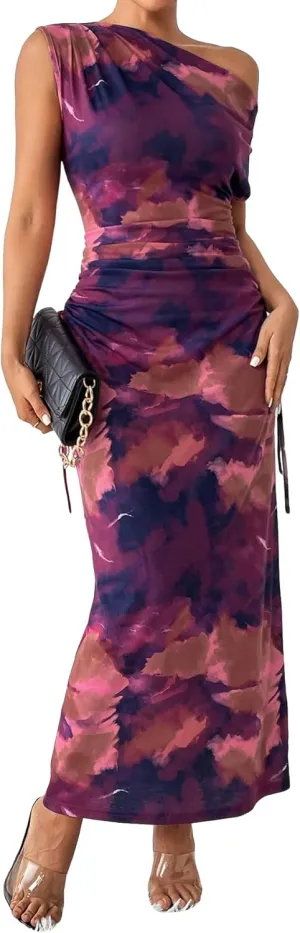 Floerns Women's Asymmetrical Neck Short Sleeve Ruched Fishtail Hem Party Long Dress