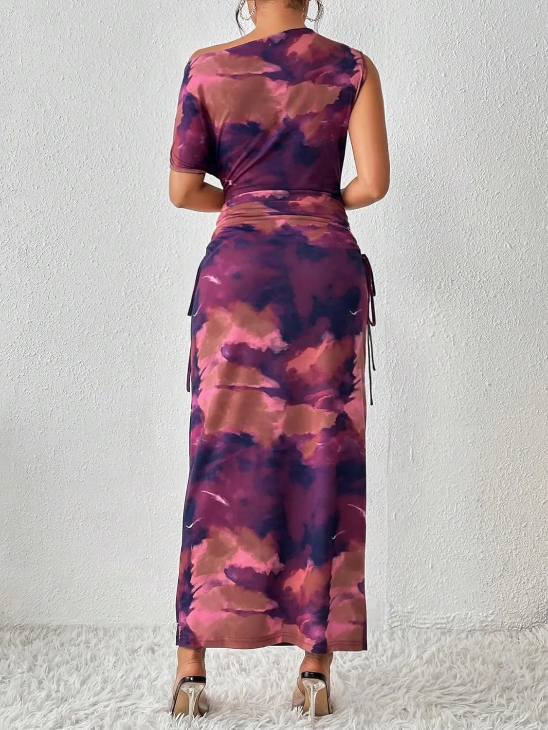 Floerns Women's Asymmetrical Neck Short Sleeve Ruched Fishtail Hem Party Long Dress