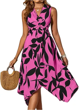 Floral Dress for Women Leaf Printed Vacation Sundresses Swing Flowy Twisted Irregular Wrap Dresses