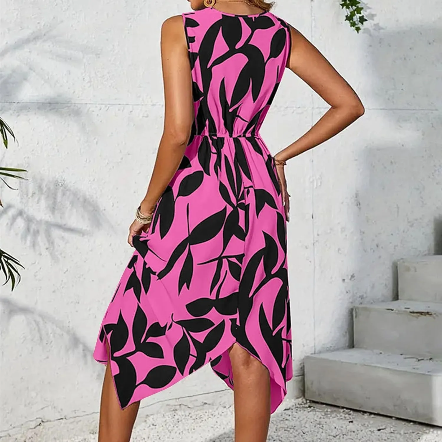 Floral Dress for Women Leaf Printed Vacation Sundresses Swing Flowy Twisted Irregular Wrap Dresses