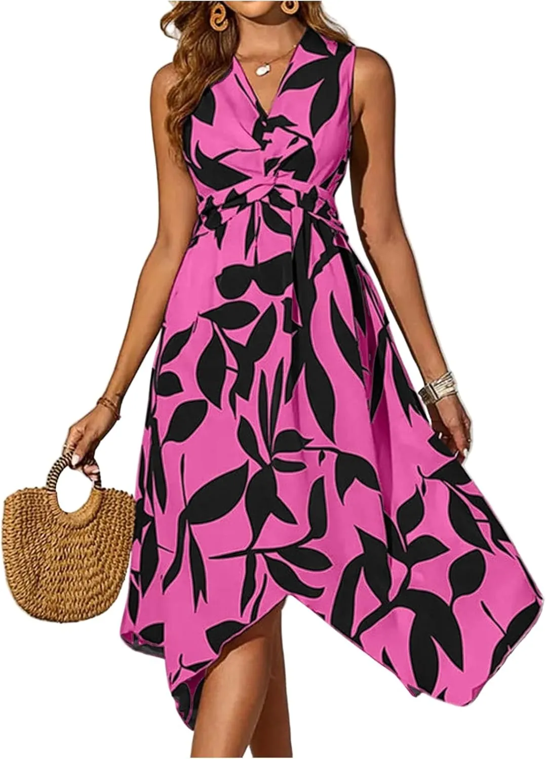 Floral Dress for Women Leaf Printed Vacation Sundresses Swing Flowy Twisted Irregular Wrap Dresses