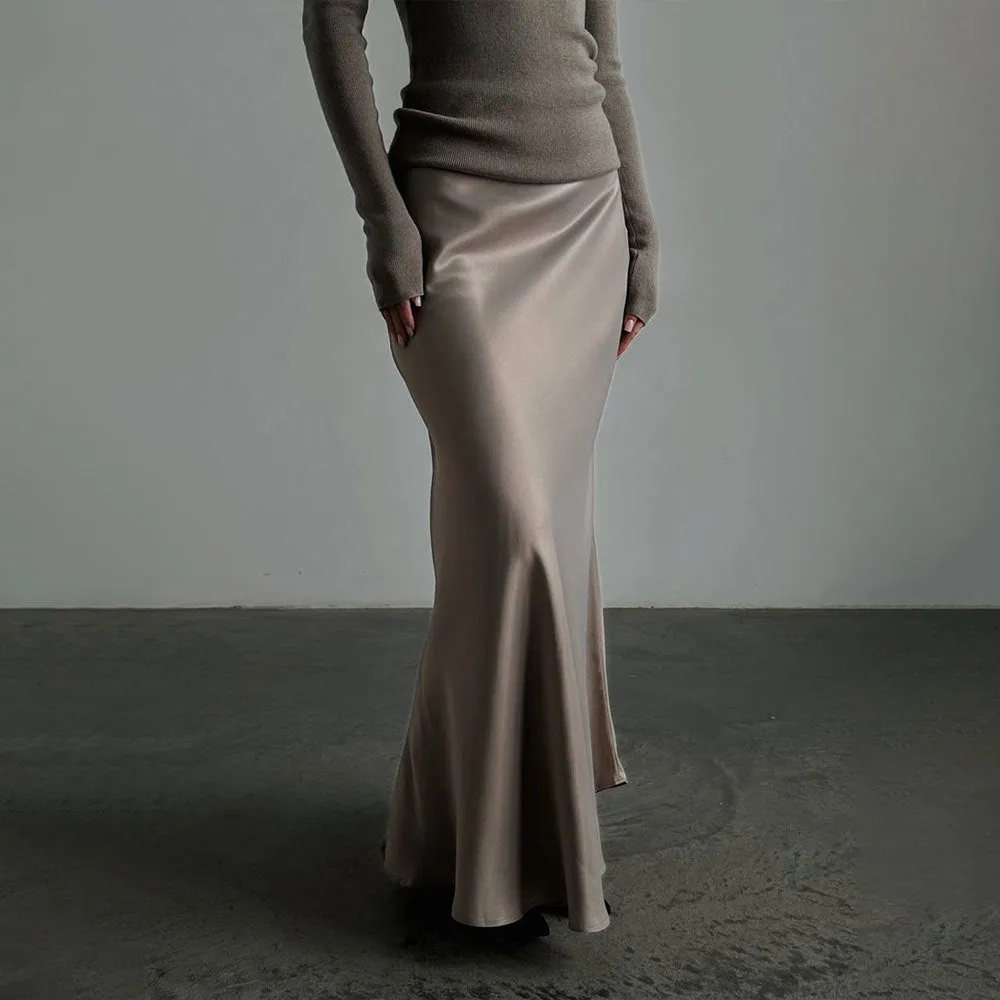 Flytonnshop buisnesscore outfit women Fishtail Skirt 2024 Spring Satin Satin Long High Waist Sheath Mop Fishtail Skirt