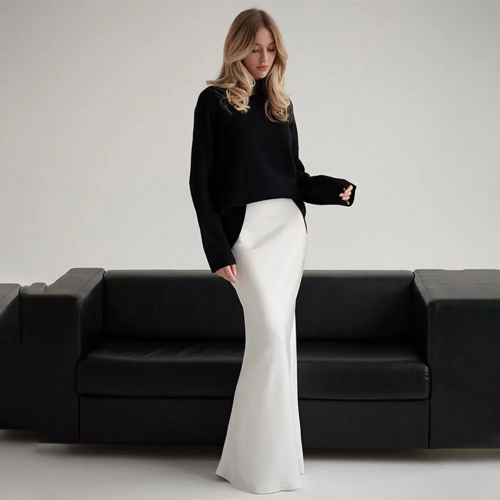 Flytonnshop buisnesscore outfit women Fishtail Skirt 2024 Spring Satin Satin Long High Waist Sheath Mop Fishtail Skirt
