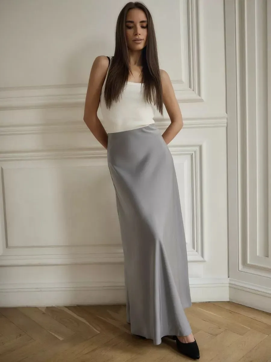 Flytonnshop buisnesscore outfit women Fishtail Skirt 2024 Spring Satin Satin Long High Waist Sheath Mop Fishtail Skirt