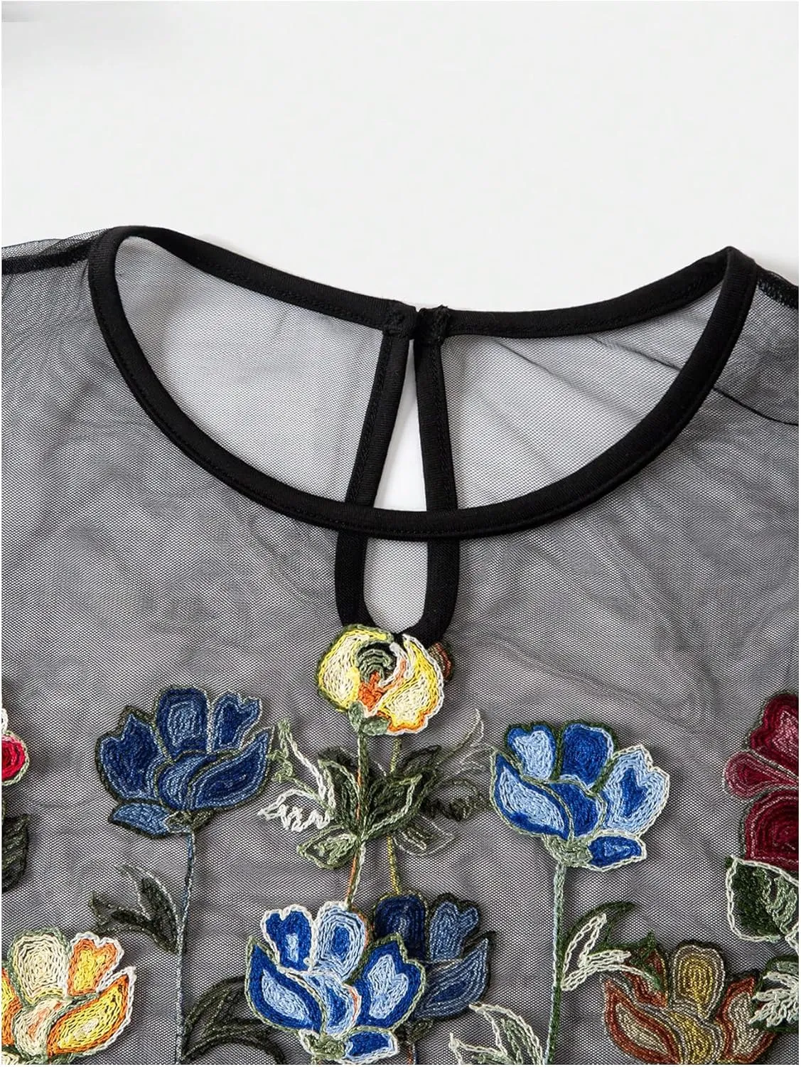 GORGLITTER Women's Floral Sheer Mesh Tees Crop Top See Through Short Sleeve Crew Neck Embroidered T Shirts