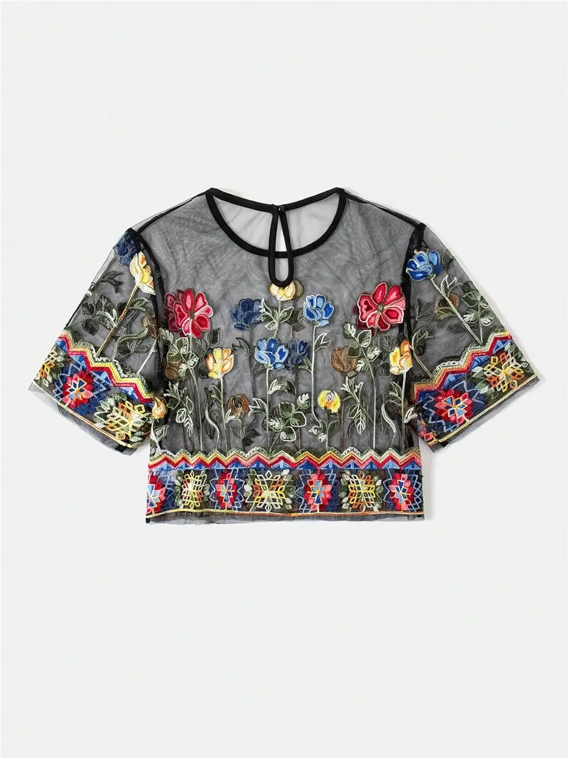 GORGLITTER Women's Floral Sheer Mesh Tees Crop Top See Through Short Sleeve Crew Neck Embroidered T Shirts