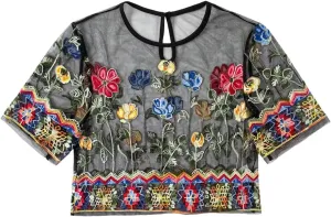 GORGLITTER Women's Floral Sheer Mesh Tees Crop Top See Through Short Sleeve Crew Neck Embroidered T Shirts