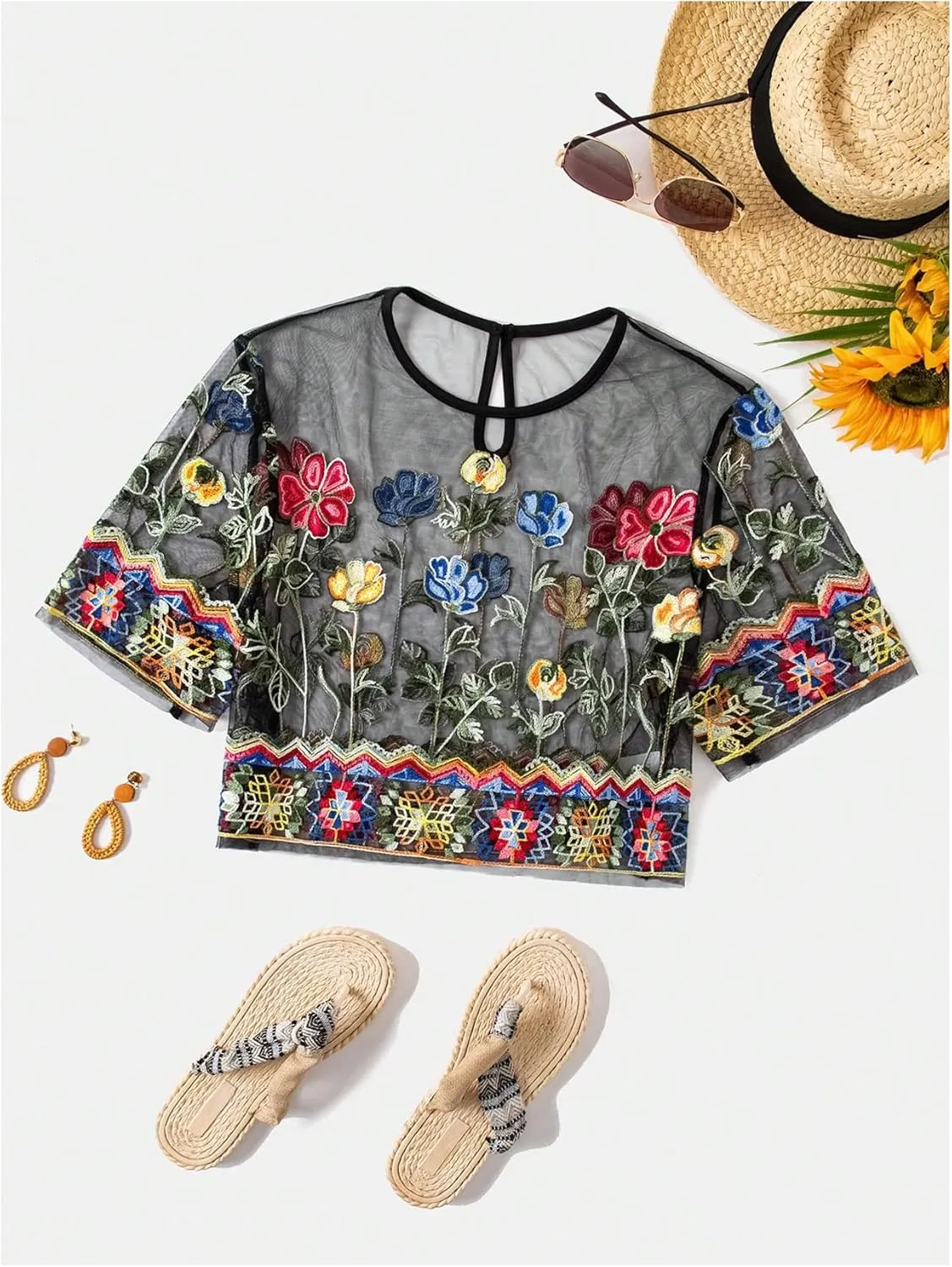 GORGLITTER Women's Floral Sheer Mesh Tees Crop Top See Through Short Sleeve Crew Neck Embroidered T Shirts