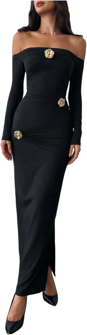 GORGLITTER Women's Flower Off The Shoulder Bodycon Maxi Dress Long Sleeve Ruched Dresses Wedding Guest Going Out Dress