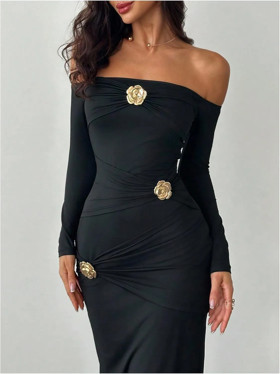 GORGLITTER Women's Flower Off The Shoulder Bodycon Maxi Dress Long Sleeve Ruched Dresses Wedding Guest Going Out Dress
