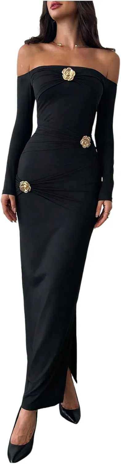 GORGLITTER Women's Flower Off The Shoulder Bodycon Maxi Dress Long Sleeve Ruched Dresses Wedding Guest Going Out Dress