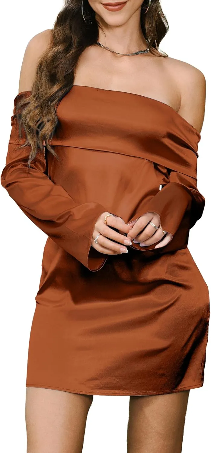 HYPERFIRE Women's Elegant Satin Off The Shoulder Long Sleeve Mini Dress Tie Back Wedding Cocktail Dresses