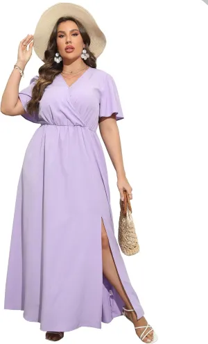 KOJOOIN Women's Wrap Maxi Short Flutter Sleeves Empire Waist Split a Line Boho Casual Dress