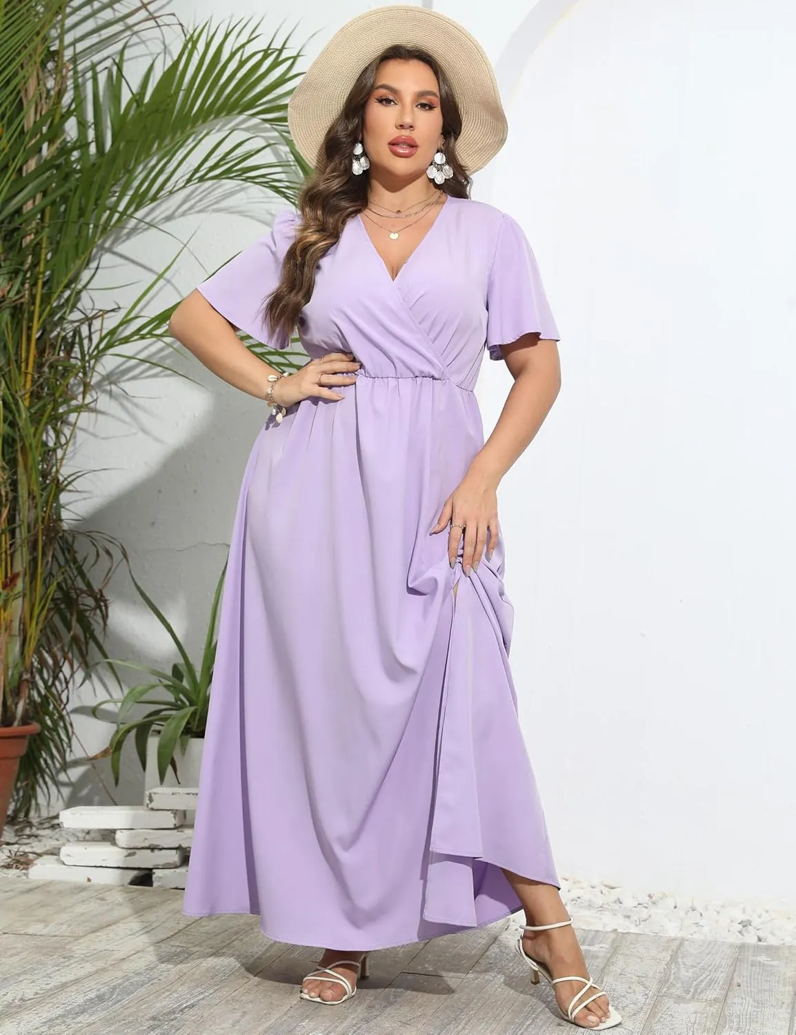 KOJOOIN Women's Wrap Maxi Short Flutter Sleeves Empire Waist Split a Line Boho Casual Dress