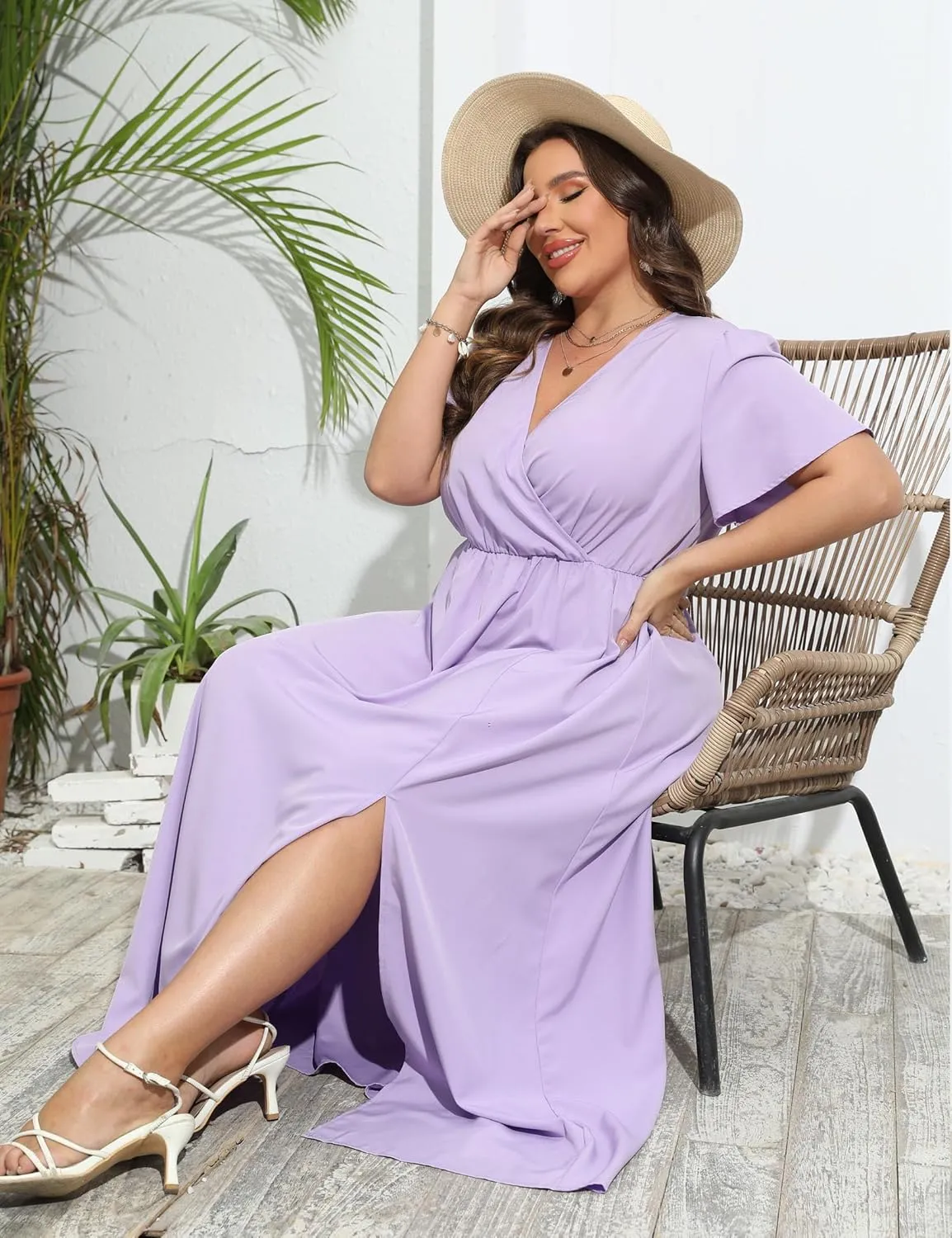KOJOOIN Women's Wrap Maxi Short Flutter Sleeves Empire Waist Split a Line Boho Casual Dress