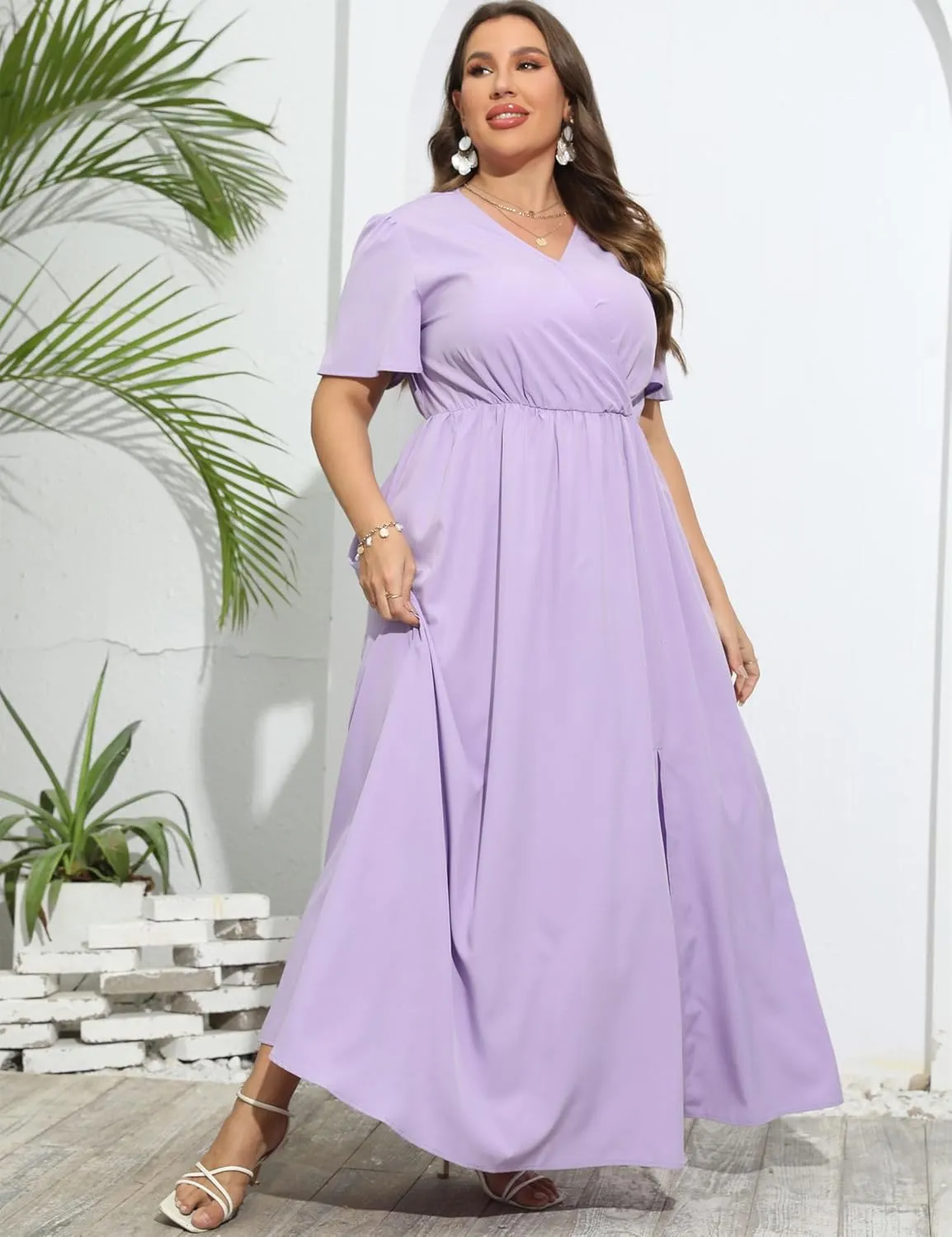 KOJOOIN Women's Wrap Maxi Short Flutter Sleeves Empire Waist Split a Line Boho Casual Dress
