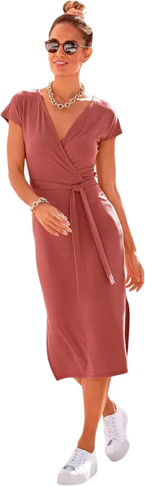 LASCANA Women's Ribbed Knit Midi Dress with Wrap V-Neck, Tie Belt, Short Sleeves, Side Slits