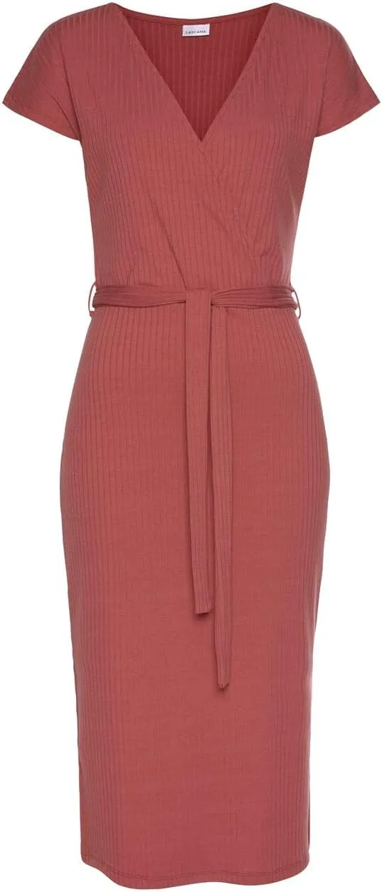 LASCANA Women's Ribbed Knit Midi Dress with Wrap V-Neck, Tie Belt, Short Sleeves, Side Slits
