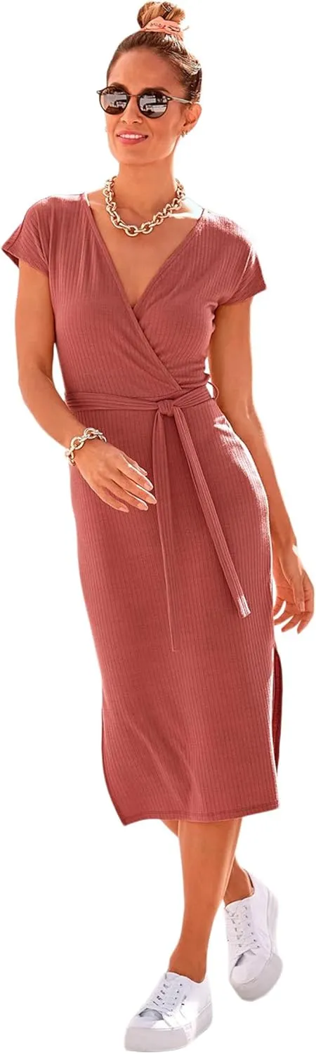 LASCANA Women's Ribbed Knit Midi Dress with Wrap V-Neck, Tie Belt, Short Sleeves, Side Slits