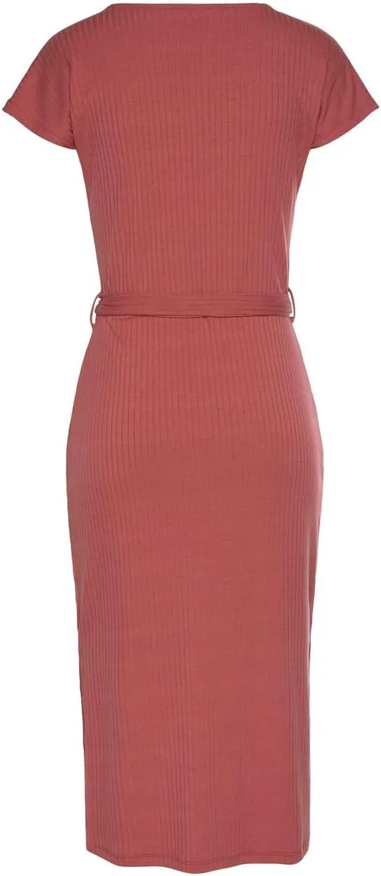 LASCANA Women's Ribbed Knit Midi Dress with Wrap V-Neck, Tie Belt, Short Sleeves, Side Slits