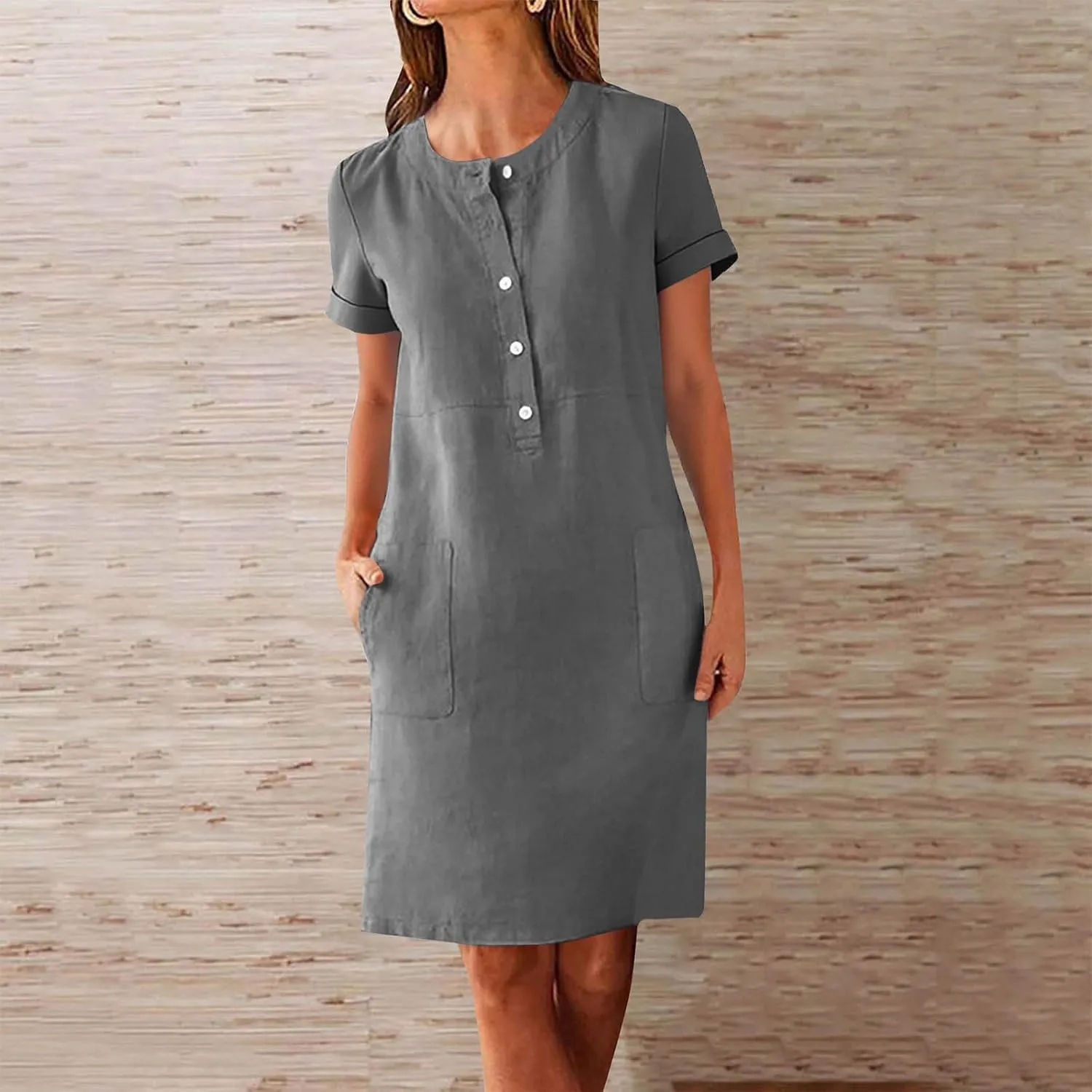 Linen Dresses for Women Sleevelees/Short Sleeve Button Up Beach Dress Summer Casual Vacation Clothes