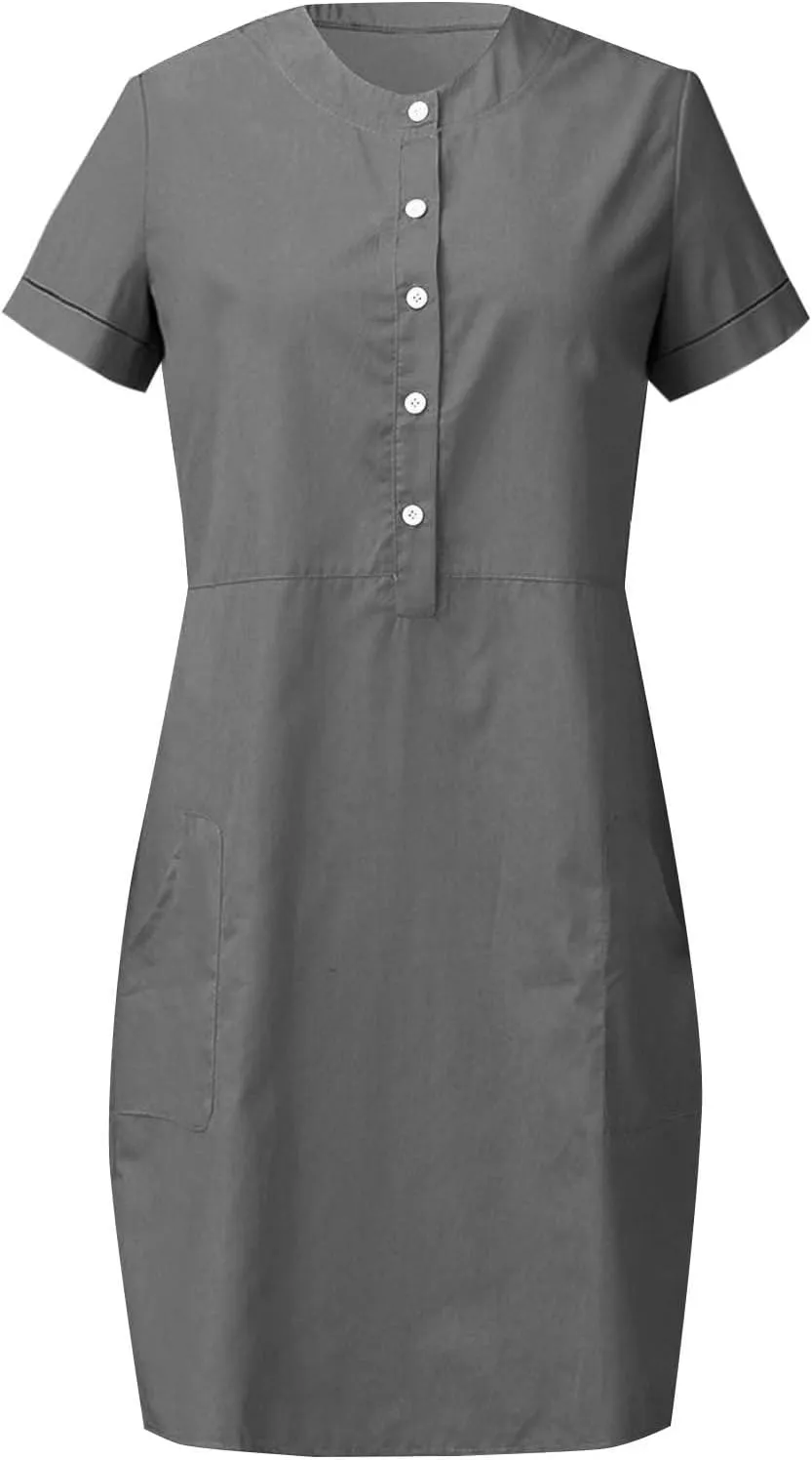 Linen Dresses for Women Sleevelees/Short Sleeve Button Up Beach Dress Summer Casual Vacation Clothes